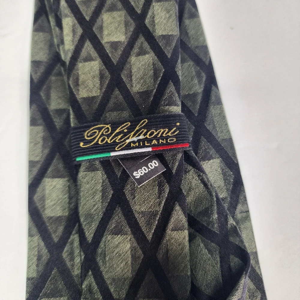 POLIFRONI MILANO Geometric Green and Black Men's Silk Tie.